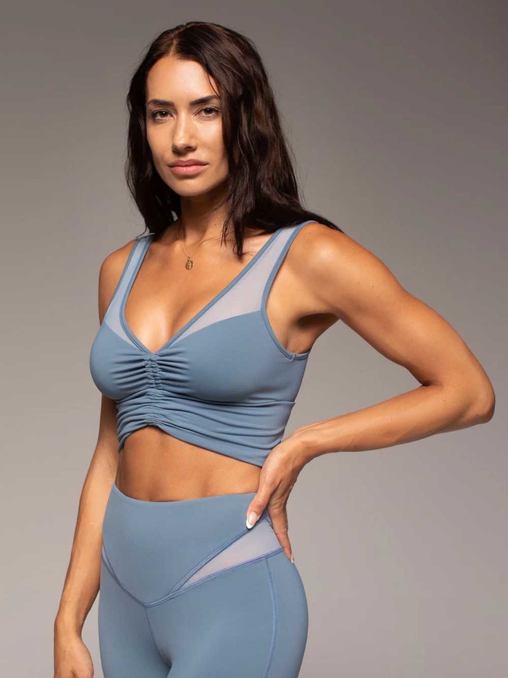 MICHI Palma Mesh Longline Bra Seamless Ruched Mesh Sports Bralette - Blue